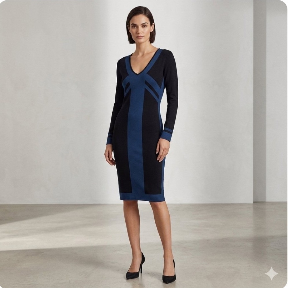 Max Studio Black & Blue Colorblock Long Sleeve Knit Dress, Large, Minimalist